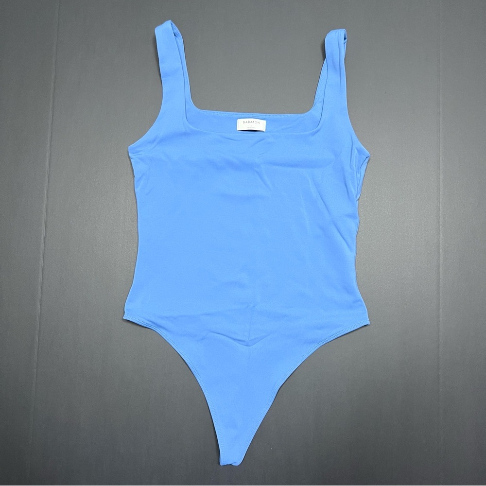 Aritzia Babaton Contour Bodysuit Light Blue Square Neck Tank Thong Size L
